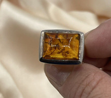 Vintage Sterling Signed 925 Baltic Amber Stone Cabochon Ring sz 7 1/4 HEAVY 10 g