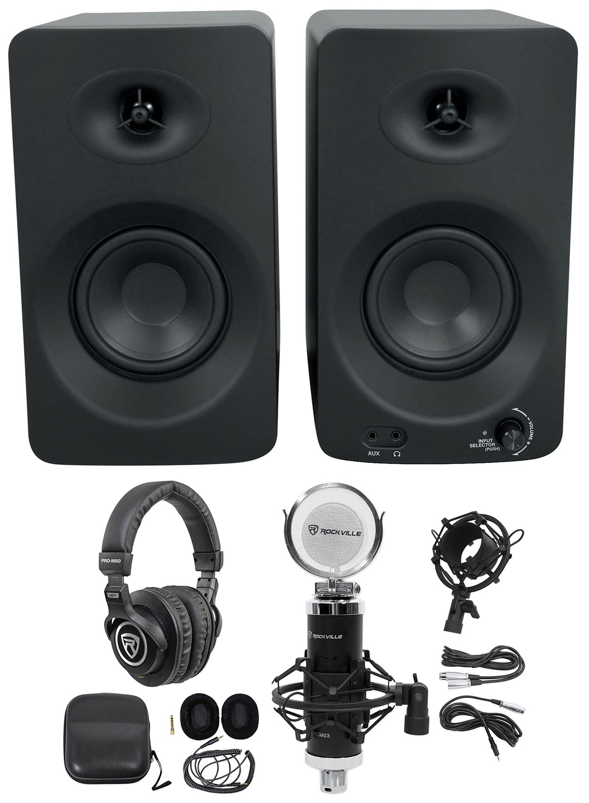 2 Студийных монитора Rockville ASM4 4 Компьютерные колонки с Bluetooth + микрофоном + наушниками