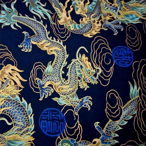 Japanese Daiwabo Cotton Fabric Per Yd, Metallic Gold & Aqua Dragons on Blue - product listing photo