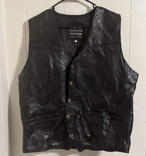 Italian Stone Design Genuine Leather Biker Motor Vest With Patches Size XL Black - Picture 2 of 12