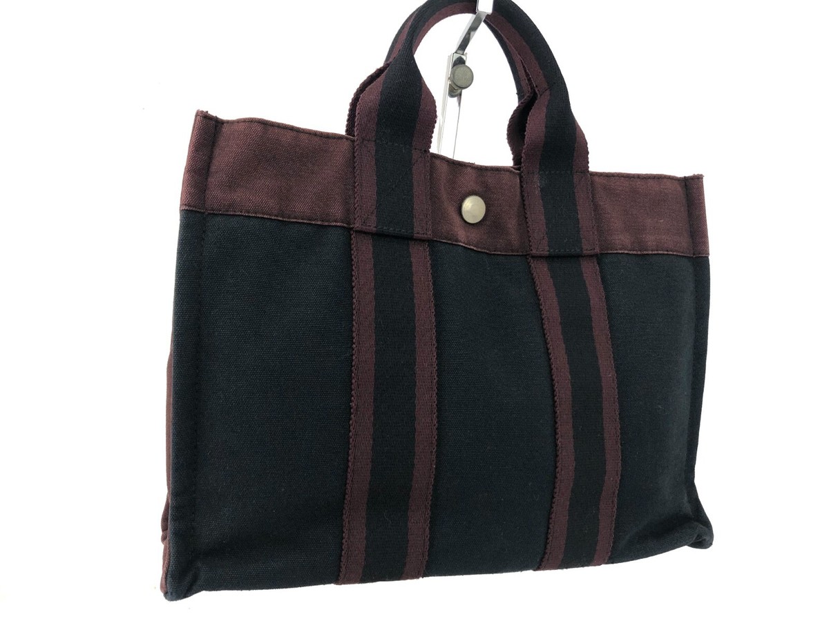 HERMÈS Paris Fourre Tout MM Black Red Cotton Canvas Tote Hand Bag