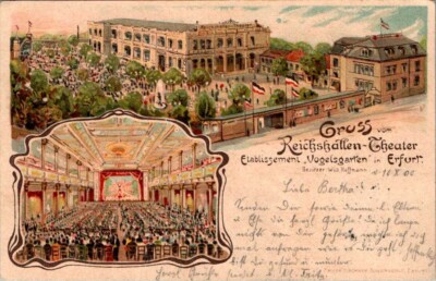 LITHO GRUß AUS ERFURT REICHSHALLEN THEATER W. HOFFMANN 2BILD COL. 1900 THÜRINGEN