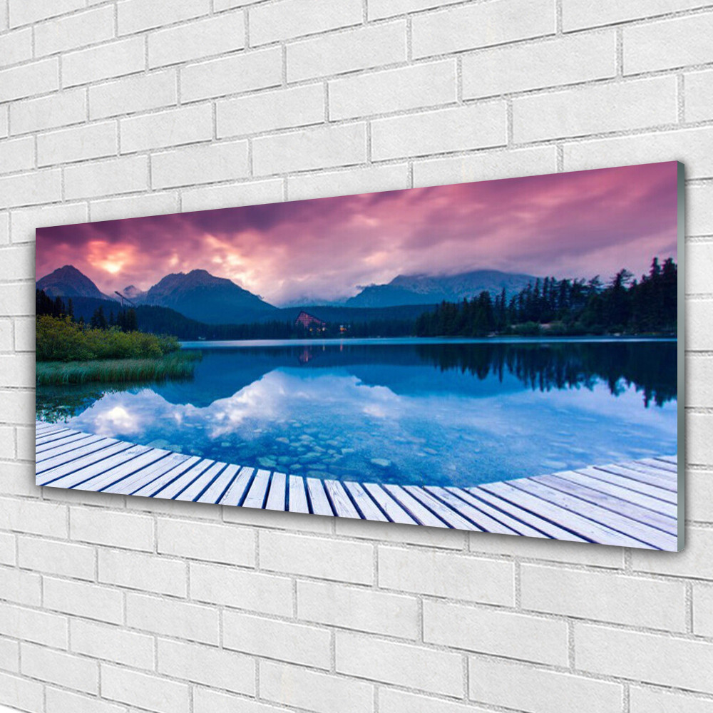 Tableau paysage de montagne en verre acrylique pour salon moderne au format 125x50 cm
