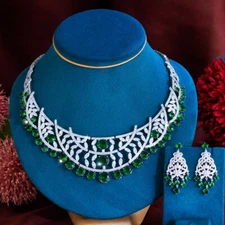 Chic CZ Leaf Green Round Dangle Drop Earring Costume Necklace Set Bridal Jewelry