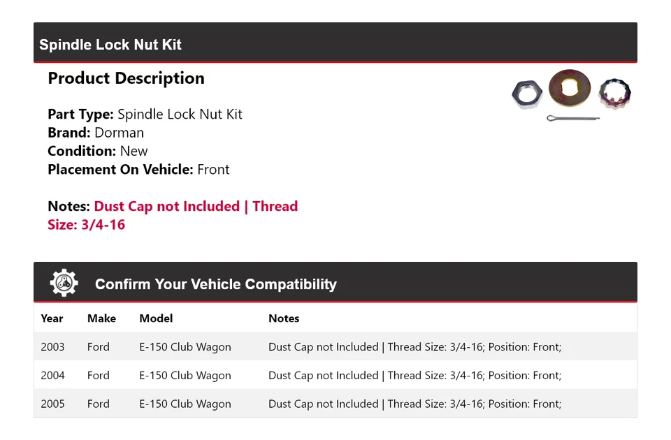 Kit de tuercas de bloqueo de husillo delanteras 2004 para Ford E-150 Club Wagon Dorman 2003-2005 Foto 2 de 4