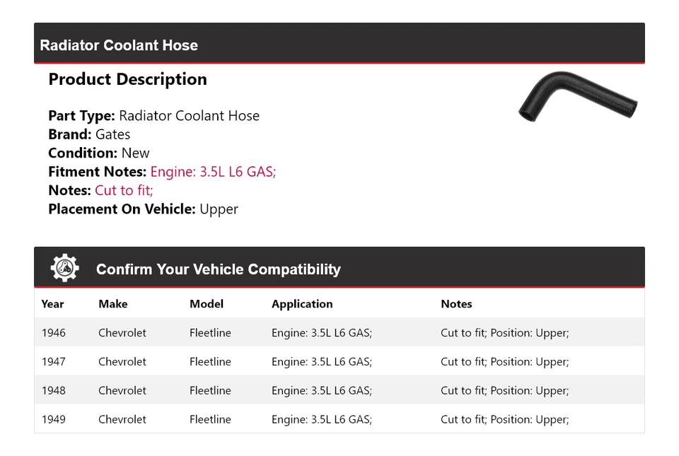 Manguera de refrigerante de radiador de gas de 3,5 L L6 para Chevrolet Fleetline 1946-1949 puertas superiores Foto 2 de 4