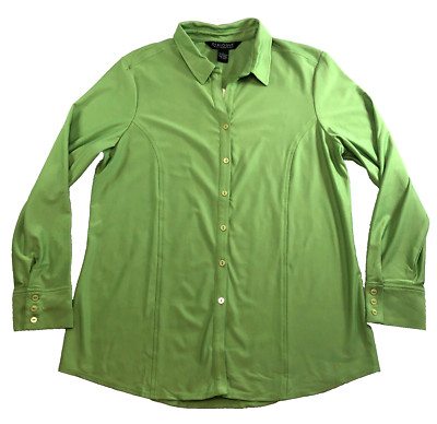 Dialogue Womens Blouse Sz L Green Button-Up Long Sleeve Collared Stretch NWT