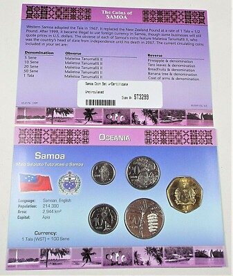 Oceania The Coins Of Samoa Uncirculated w/ Certificate 5,10,20,50 Sene,1 Tala