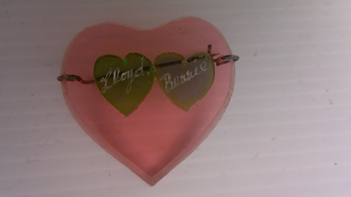 vintage pink heart shaped brooch see through plastic has names on