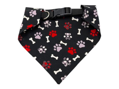 Dog Bandana Over the Collar Red Black Buffalo Paw Paws Bone Bones Slide on Scarf - Picture 2 of 4