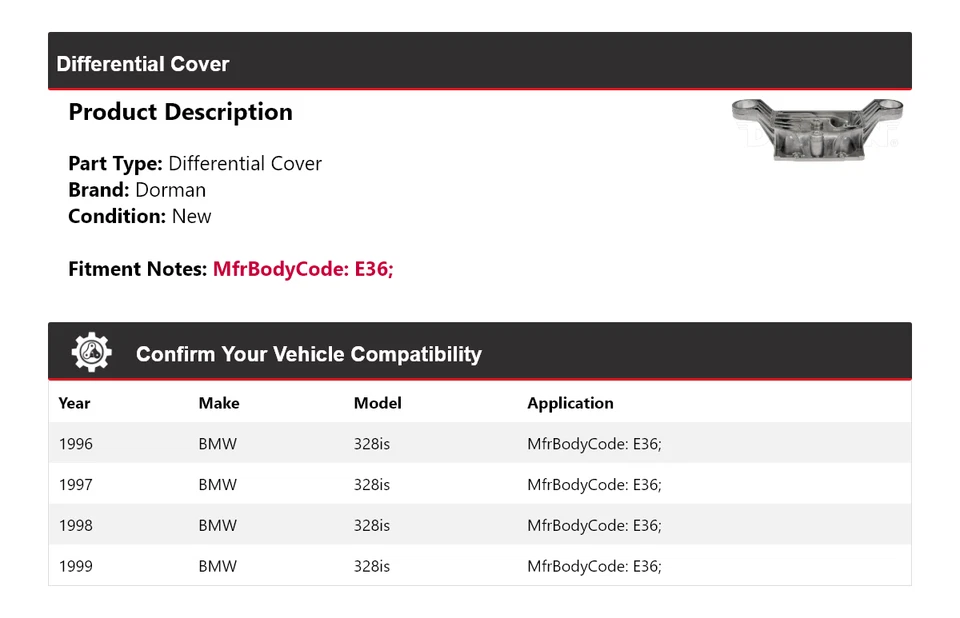 Cubierta diferencial para BMW 328is Dorman 1996-1999 1997 1998 Foto 2 de 4