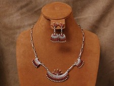 Sterling Silver Zuni Coral Petit Point Necklace and Earring Set by B. Waatsa Jr.