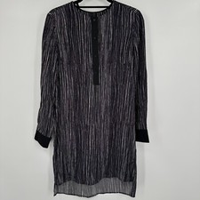 Vince Tunic Dress Womens XS Black White Silk Wavy Stripe Long Sleeve 1/4 Button