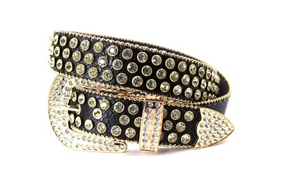 Rhinestone Western Belt Bling Gold Black Clear Unisex Men Pant 34 Cinto Vaquero