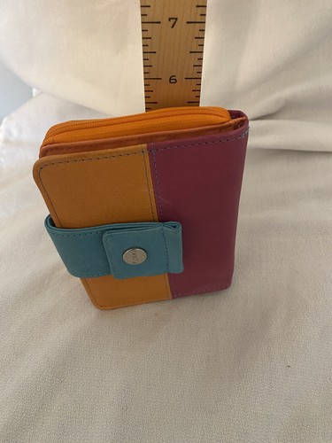 Vtg Genuine Leather Rolfs Wallet Pink Orange Teal Snap Zip Coin Money Pouch - Picture 11 of 14