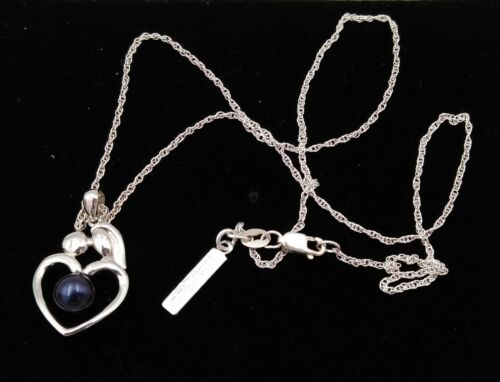 VTG Vantel Black Pearl Sterling Silver 925 Mother Child Heart Pendant Necklace