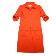 Michael Kors Shirt Dress Womens Small Orange Zip Front Utility Pockets Roll Tab