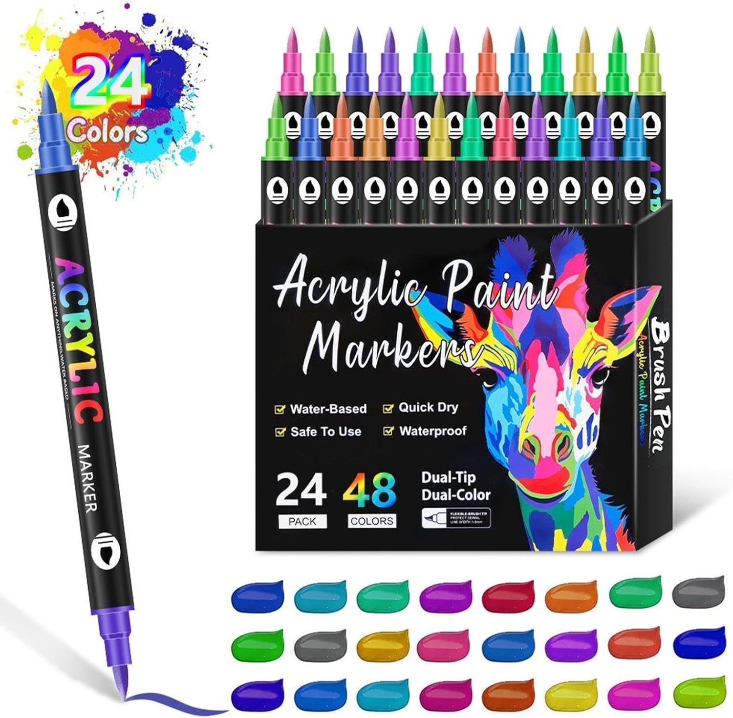 Acrylic Paint Marker Pens Set Brush/Fine Dual Tip Permanent Waterproof Opaque