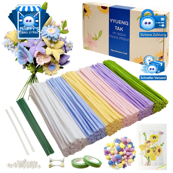 Pfeifenreiniger Blumen Set 500 StüCk 6 Farben Basteln Mit Anleitungen Und Draht-image