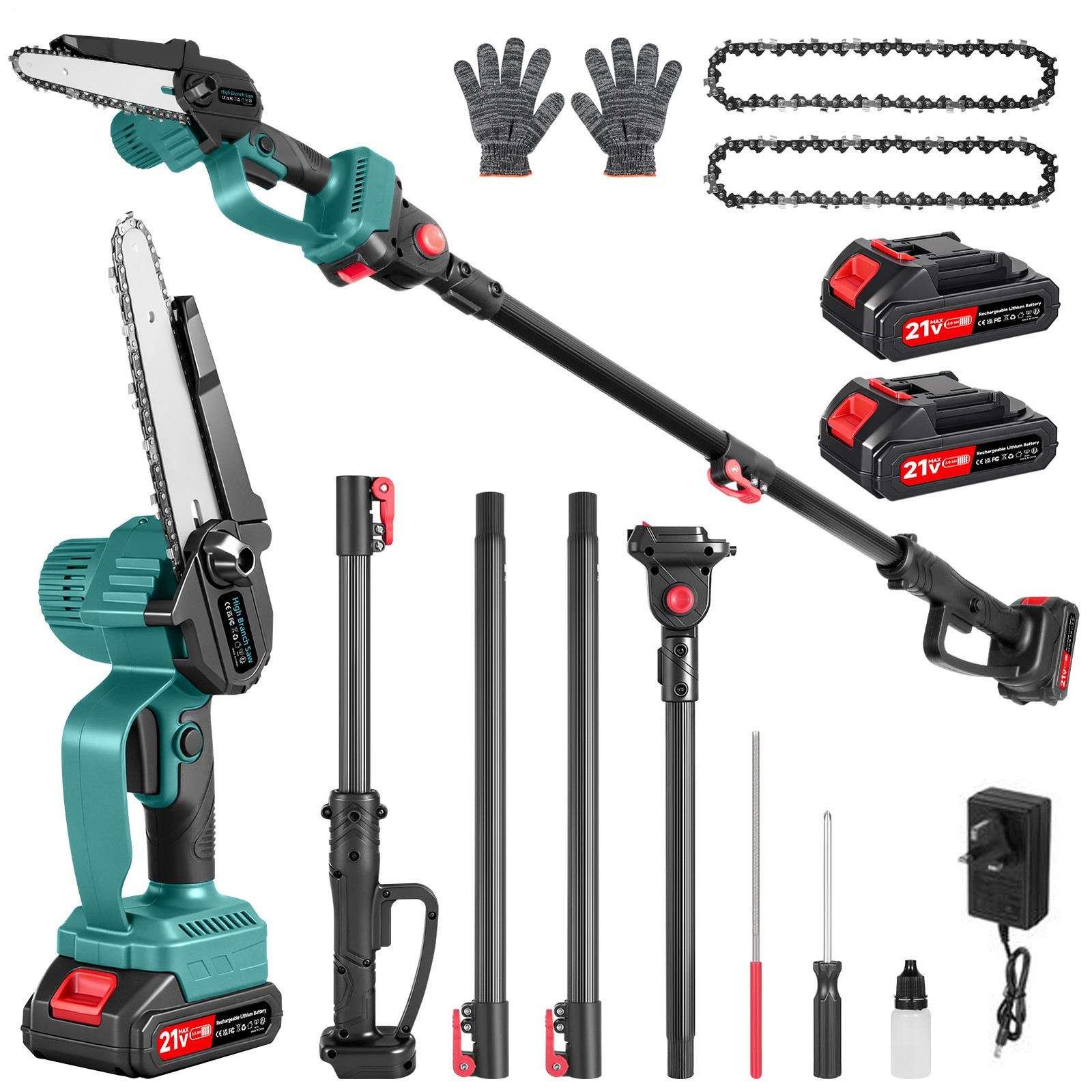 2 IN 1 Pole Chainsaw Cordless Long Reach Cutter Pruner Saw 2 Batteries & Charger