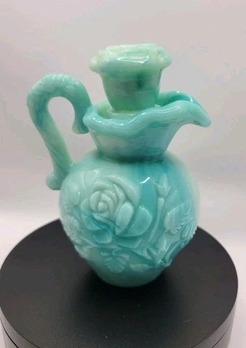 Vintage Avon Perfume Bottle 1970s Blue Green Milk Glass Pitcher