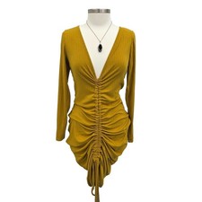 Rebdolls Ruched Mini Dress Mustard Yellow Ribbed Deep V Long Sleeve 1X Sexy Fall