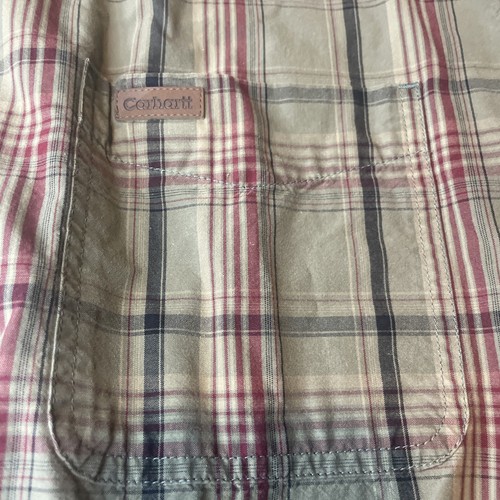 Carhartt Mens Large Faded Spell Out Collared Button Down Shirt Brown Plaid - Picture 3 of 6