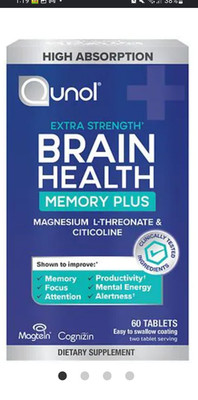 Qunol Extra Strength Brain Health Memory Plus Mg L-Threonate Citicoline 60 Tabs