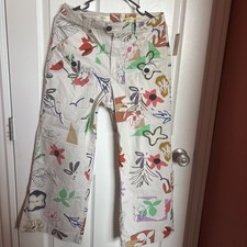 Maeve Anthropologie Floral Wide Leg Pants Cream Multi Color Abstract Print Sz 10