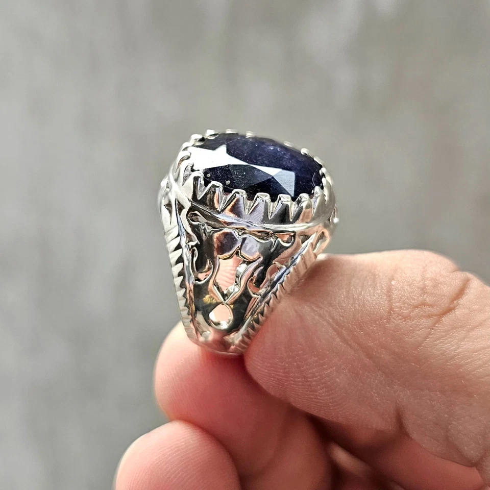 Natural Sapphire Ring For Men, Big Blue Sapphire Stone Ring, 925 Silver Neelam - Image 3 of 4