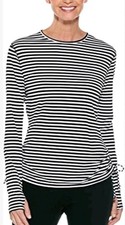 COOLIBAR Baikal Swim Top Ruched Striped Black White UPF 50 Rash Guard Large