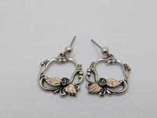 Vintage Wheeler Mfg Sterling Silver Rose & Leaf Earrings Mixed Metal Scrollwork