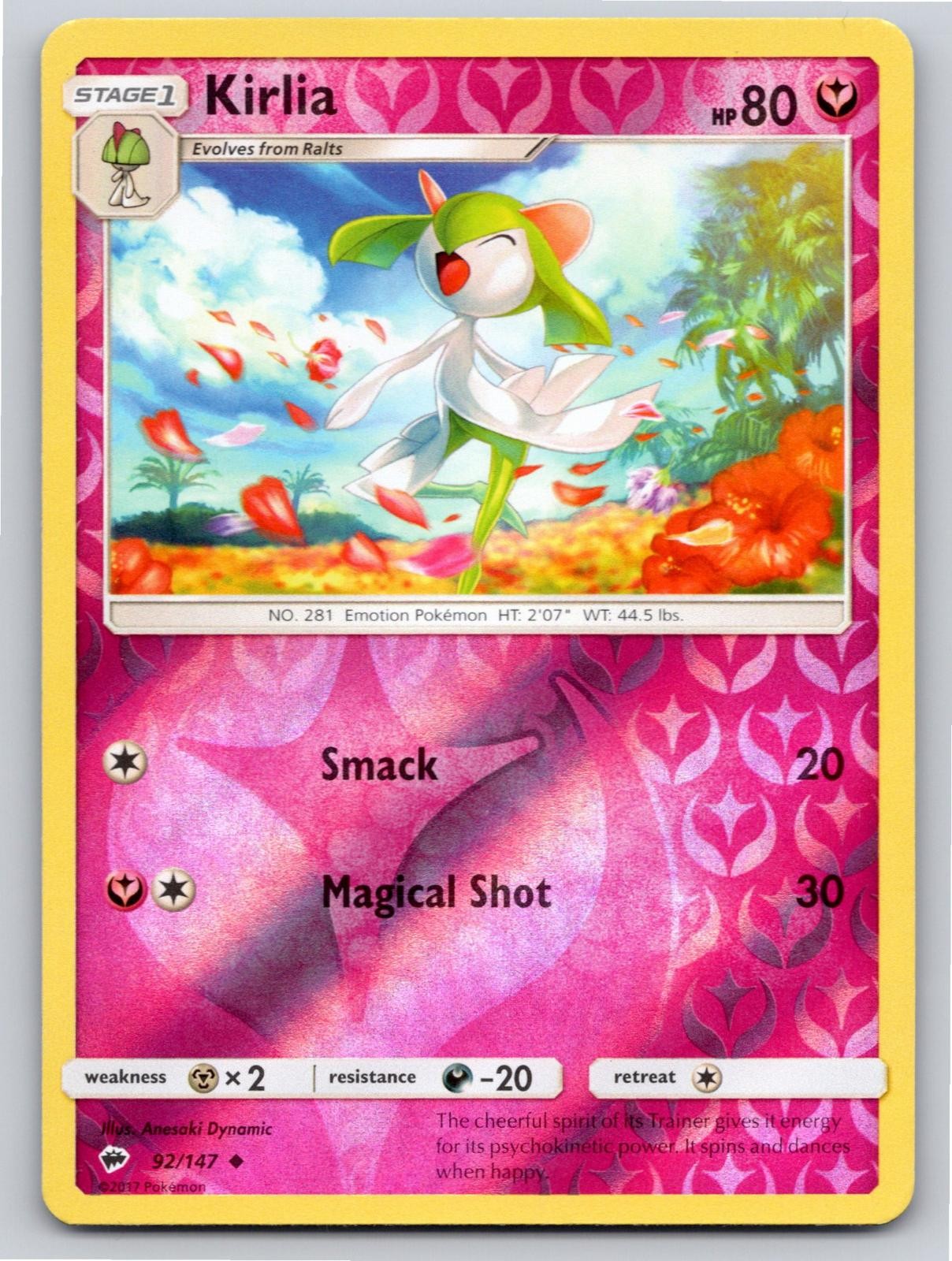 POKEMON KIRLIA BURNING SHADOWS 92/147 REVERSE HOLO UNCOMMON LP A25862 FREE S&H