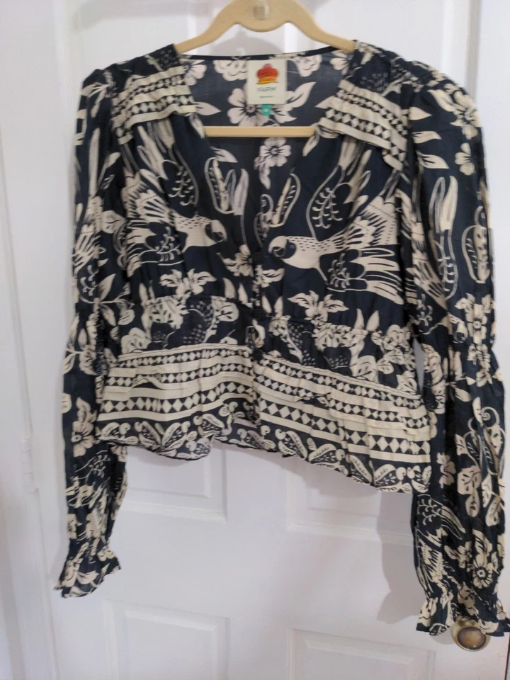 ФЕРМА RIO черный и бежевый цветочный ара льняной смеси рубашка размер M новый без ЯРЛЫКОВ - Изображение 2 из 4