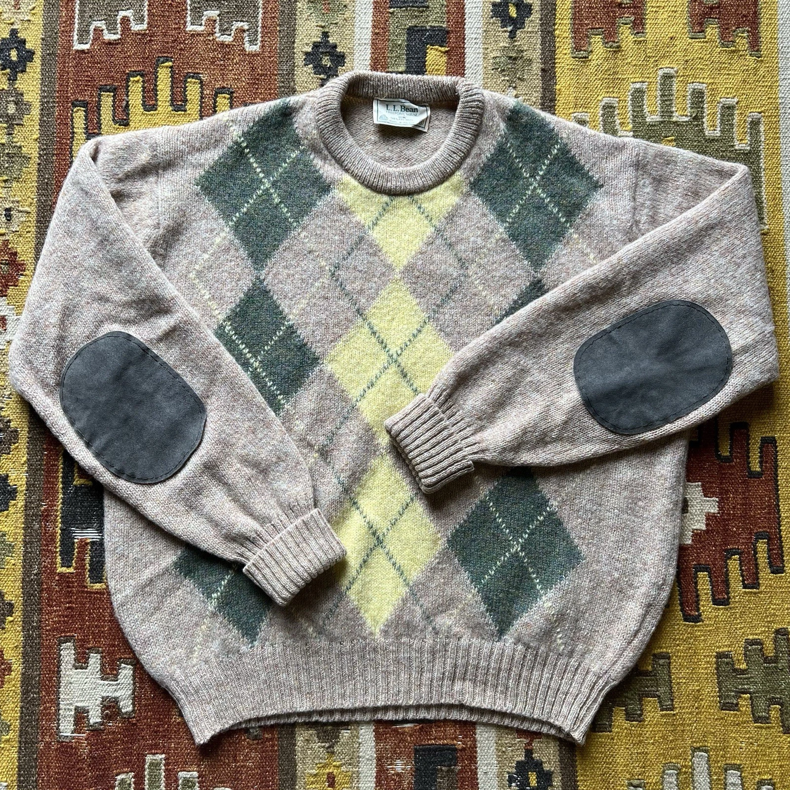 Vintage L.L. Bean Wool Sweater W Elbow Patches Sz XL - Beige Argyle