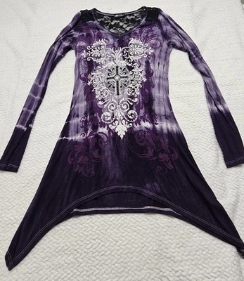 Y2K Women s Lace Inserts Gothic Cross Rhinestones Royal Purple USA Small