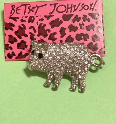 BETSEY JOHNSON ADORABLE CUTE PIG CRYSTAL PIN BROOCH SILVER TONE FARM OINK