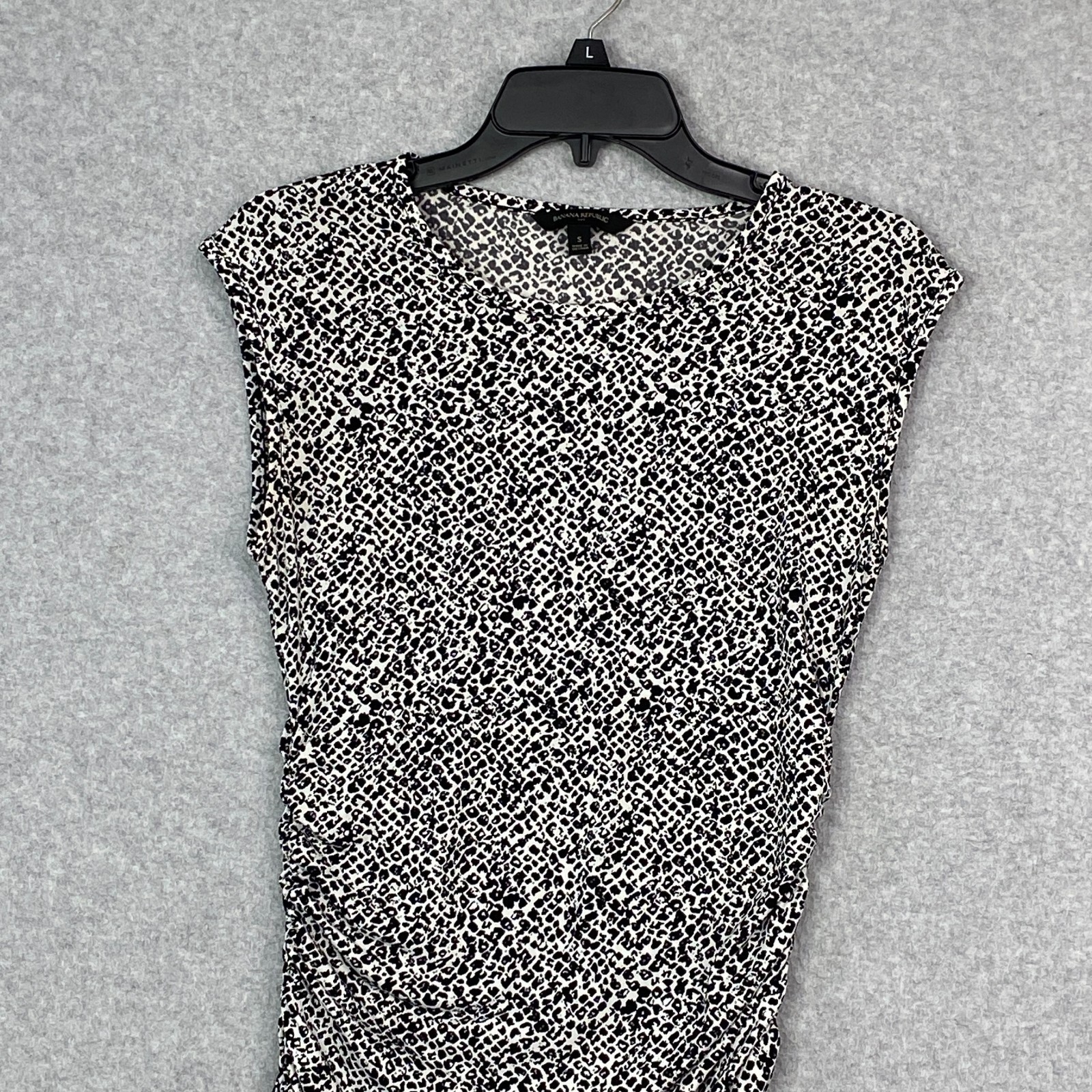 Banana Republic Dress Women's Small Black White Print Sleeveless Ruched Knit