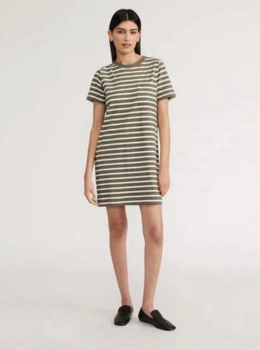 Everlane Organic Olive White Striped T-Shirt Dress