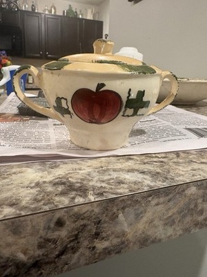 Sugar Bowl with Lid Blue Ridge Southern Pottery Tick Tack Pattern Hand Painted