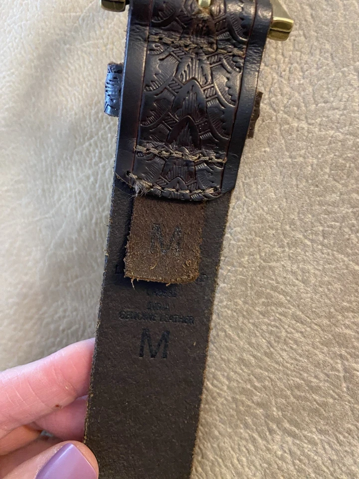 Lucky Brand Stamped Leather Belt SZ M Boho Western Brass Buckle - Image 3 of 4