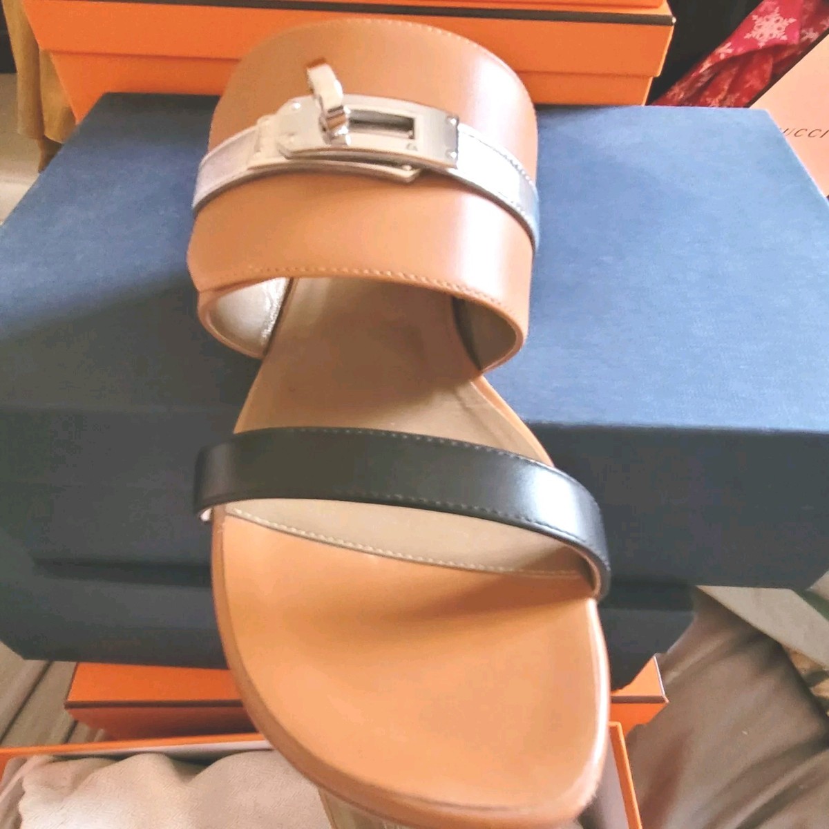 ✨️HERMÈS✨️ AVENUE SANDALS 37 GOLD BLACK SILVER PHW NEAR