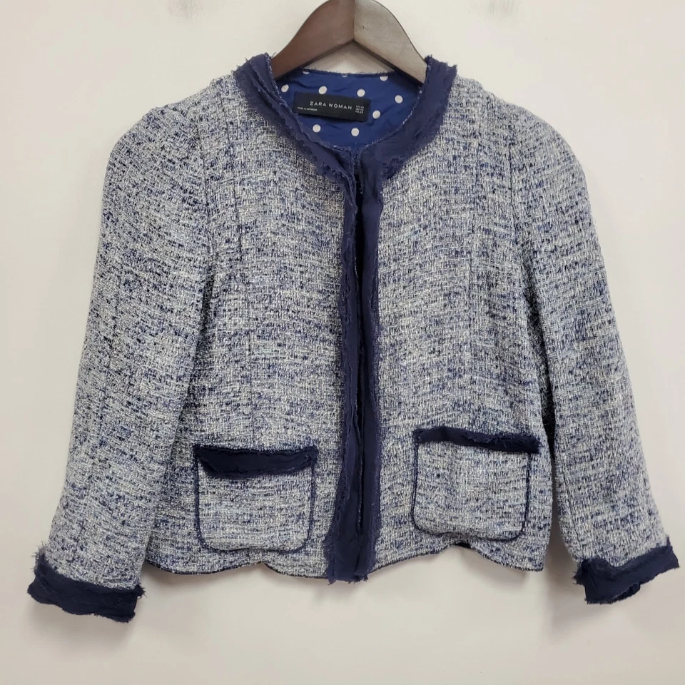 Blazer Zara Mujer Tweed Volantes Dobladillo Talla XS Azul Recortado Manga 3/4 Oficina Carrera Foto 2 de 4