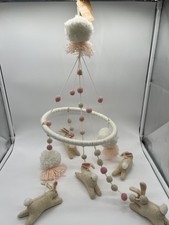 Mud Pie Bunny Crib Mobile with Pom Pom  s. Soft White and Pink. Wool.