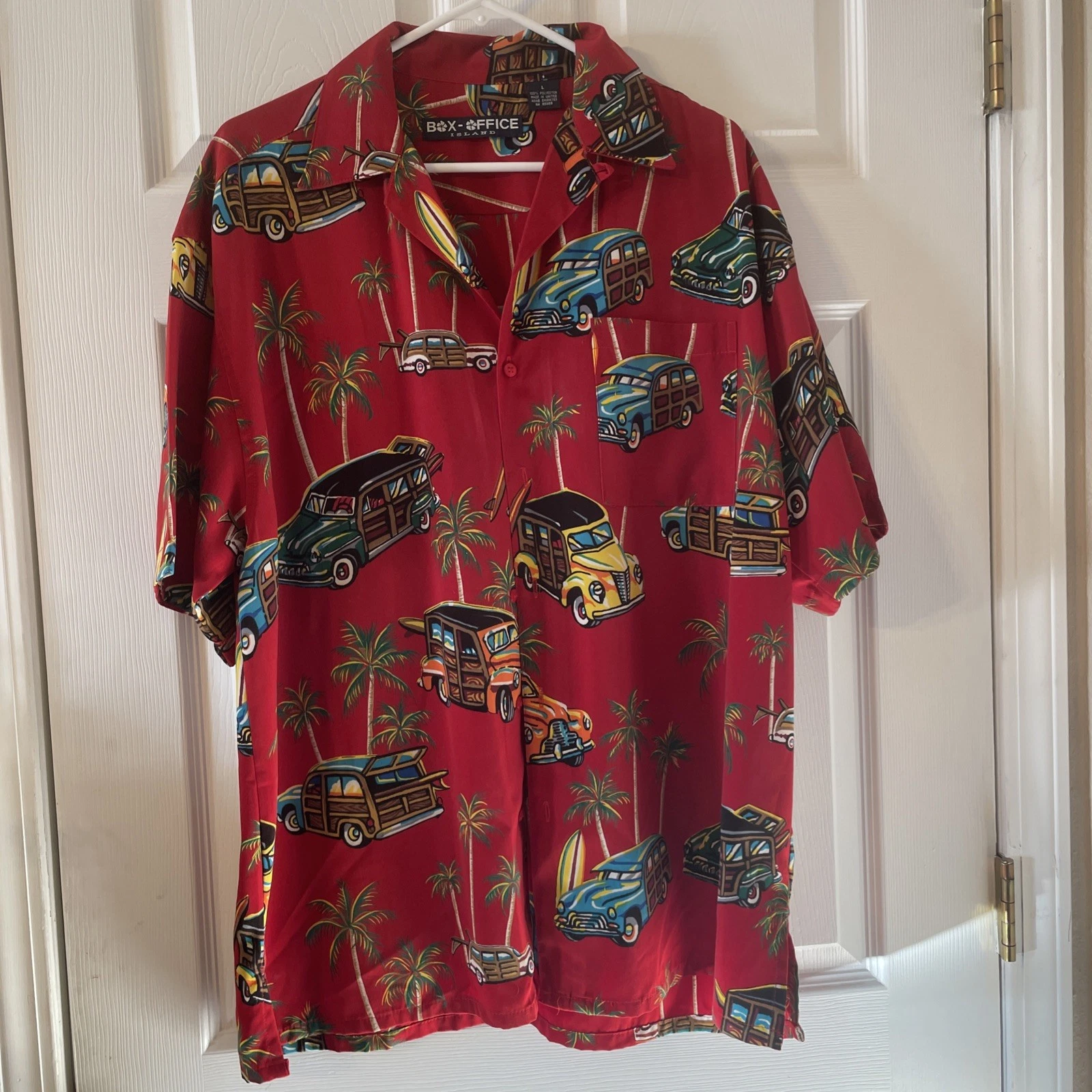 Box Office Island Hawaiian Shirt Woody Cars Palm Trees Summer Vacation Size L