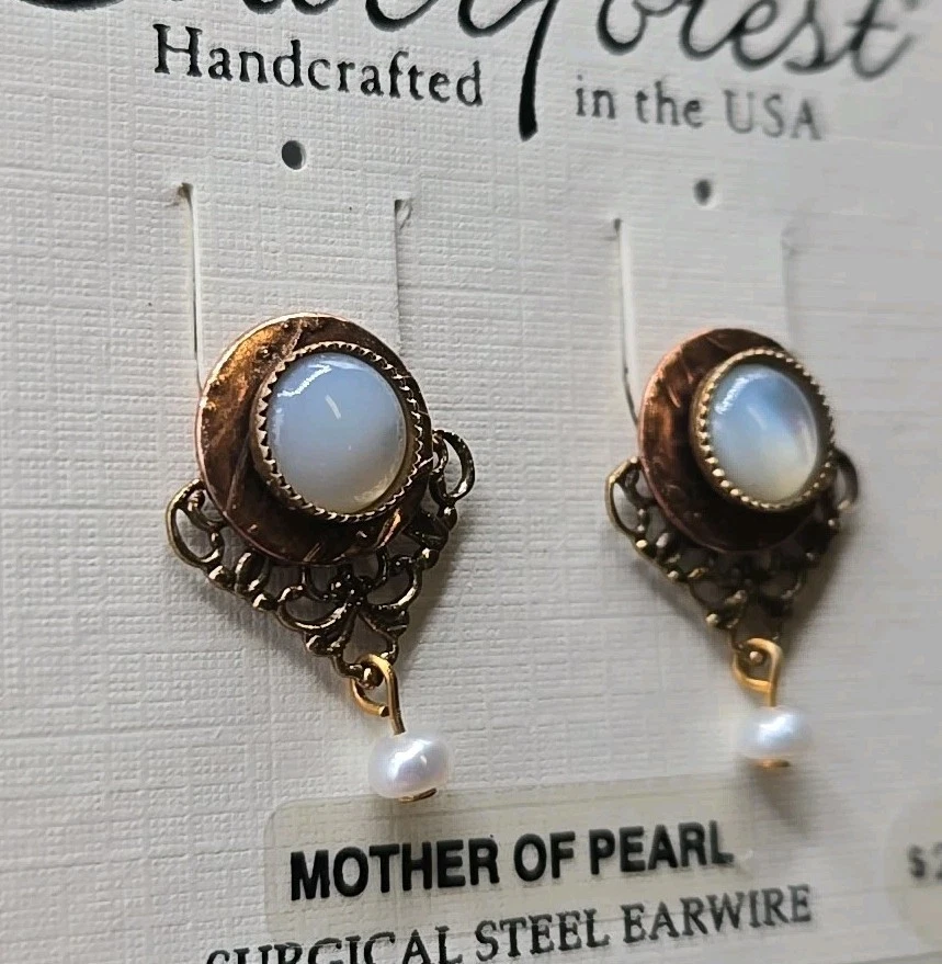 Silver Forest Earrings Mother Of Pearl Post & Pearl Dangle Beads Bronze Filagree - Image 3 of 4