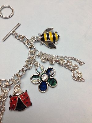 Fossil Silver Flower ?  Bee ?  Ladybug ? & Butterfly ? Charm Bracelet StyleWatch BUTTERFLY BEE LADYBUG FLOWER ENAMEL CHARM SILVER BRACELET w  main image 3