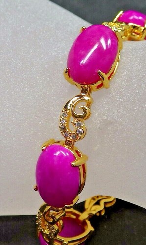 Gold Plate Pink Lavender JADE Cabochon Bangle Bracelet Diamond Imitation 322778 - Picture 4 of 8