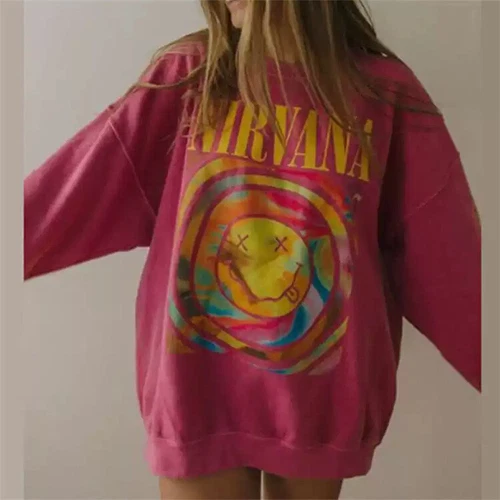 New Nirvana Smiley Face Crewneck Sweatshirt Casual hoodie Heliconia Color Giftš§„ - Picture 6 of 15
