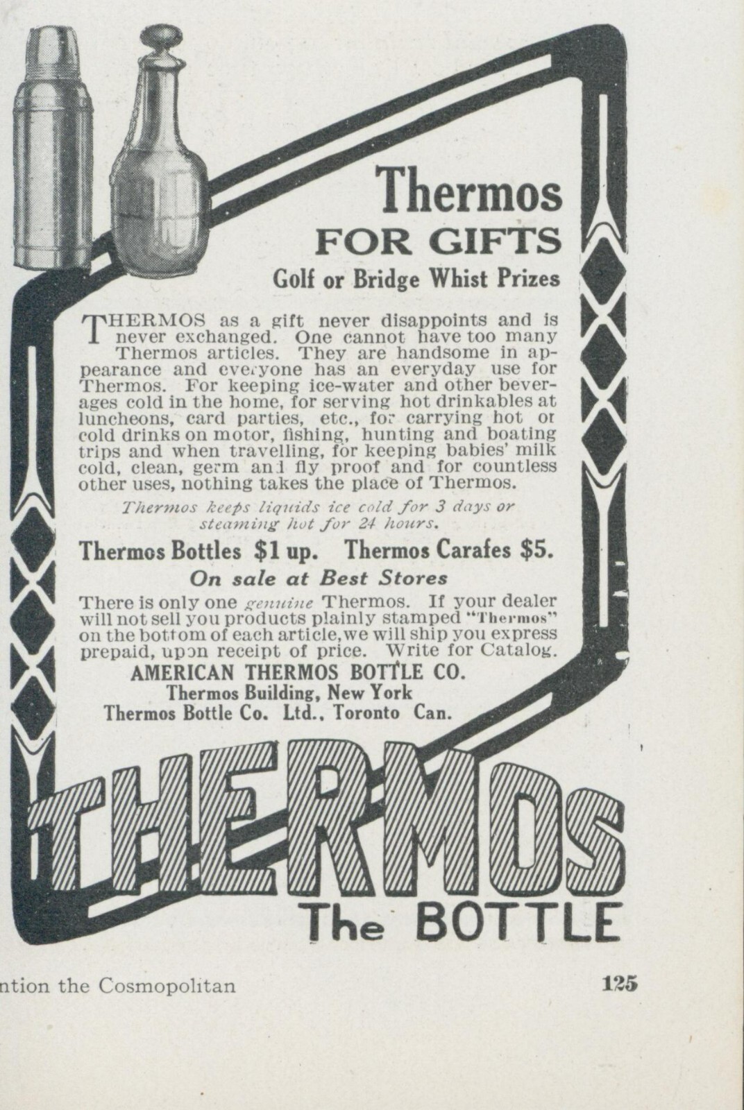 1912 Thermos For Gifts Golf Bridge Whist Prizes Bottle Vtg Print Ad CO4